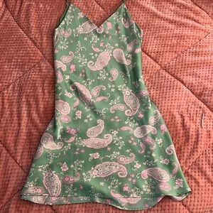 Small green & pink paisley above the knee (thigh length) fun flirty slip dress